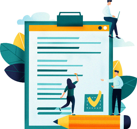 Человечки заполняют анкету, карандаш.