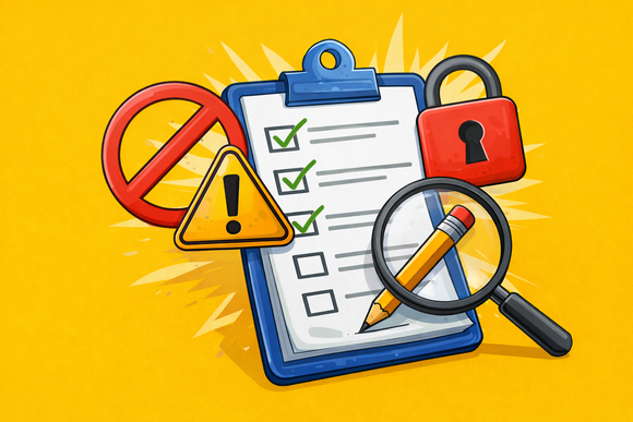 Опросная анкета, карандаш, предупреждающие и запрещающие знаки.