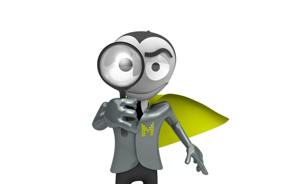 Мультипликационный персонаж, смотрит в лупу – символ исследований от Marketagent.