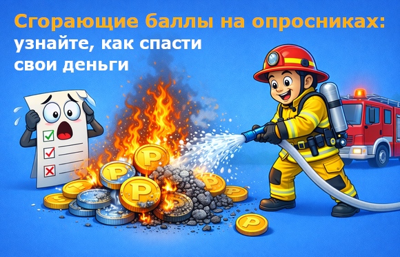 Пожарник тушит сгорающие баллы. Узнайте, как спасти свои деньги на опросниках.