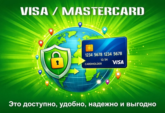 Земной шар, кредитная карта, значок защищенного платежа — как символы доступности, удобства, надежности Visa и MasterCard.