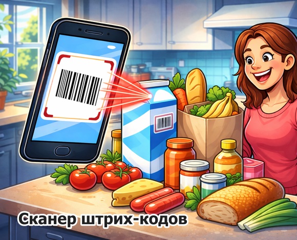 Девушка на кухне сканирует штрих-коды товаров с помощью мобильного приложения.