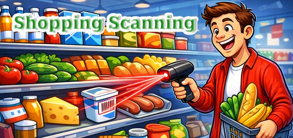 Парень в супермаркете сканирует продукты.