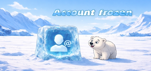 Медвежонок смотрит на замороженный аккаунт в виде глыбы льда.