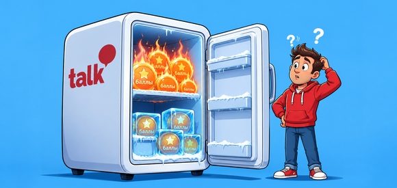 Респондент с удивлением смотрит, как в холодильнике замораживаются сгорающие баллы.