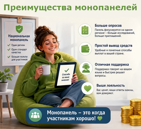 Преимущества монопанелей перед международными сайтами платных опросов.